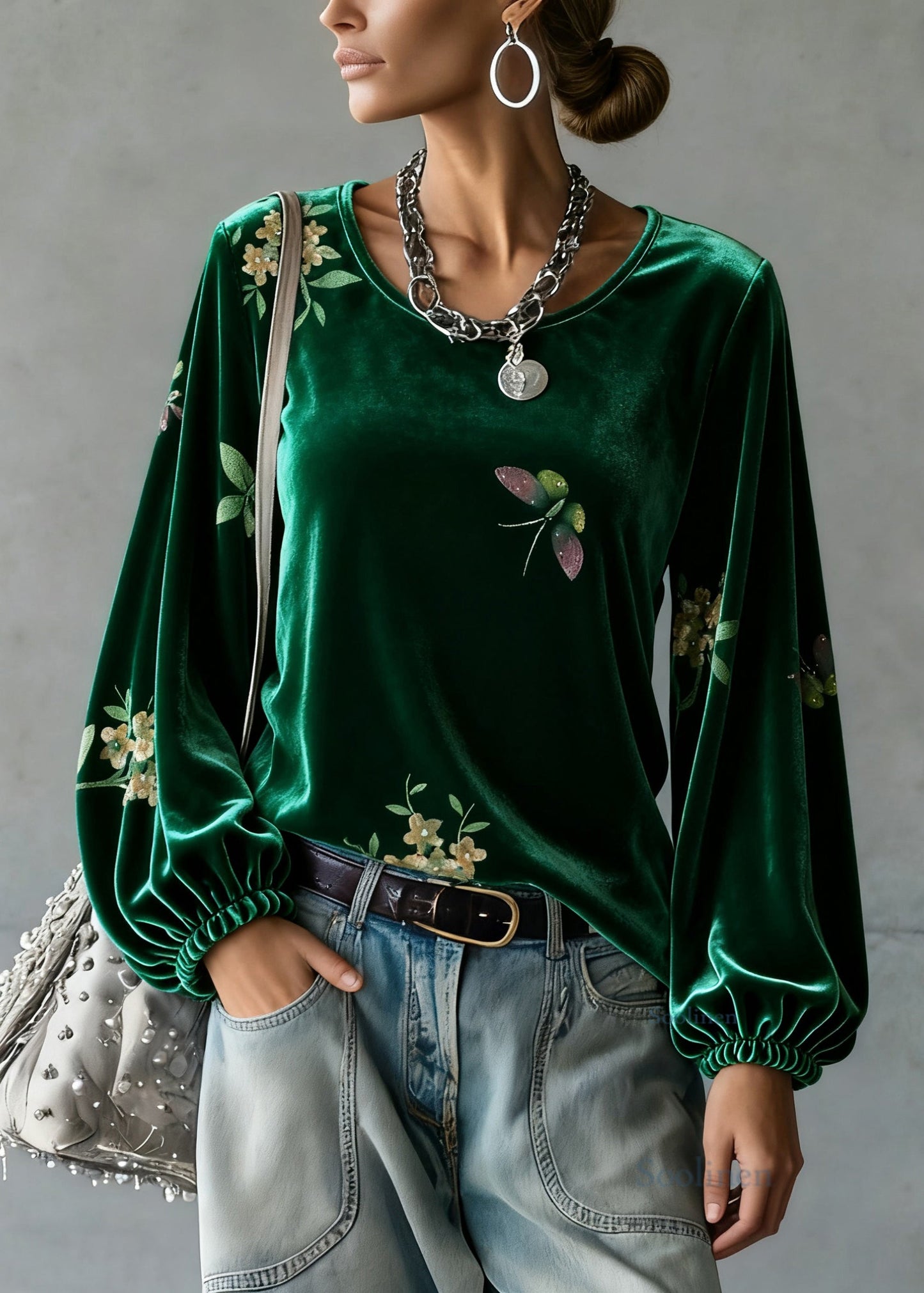Vintage Green O-Neck Print Silk Velour Tops Spring