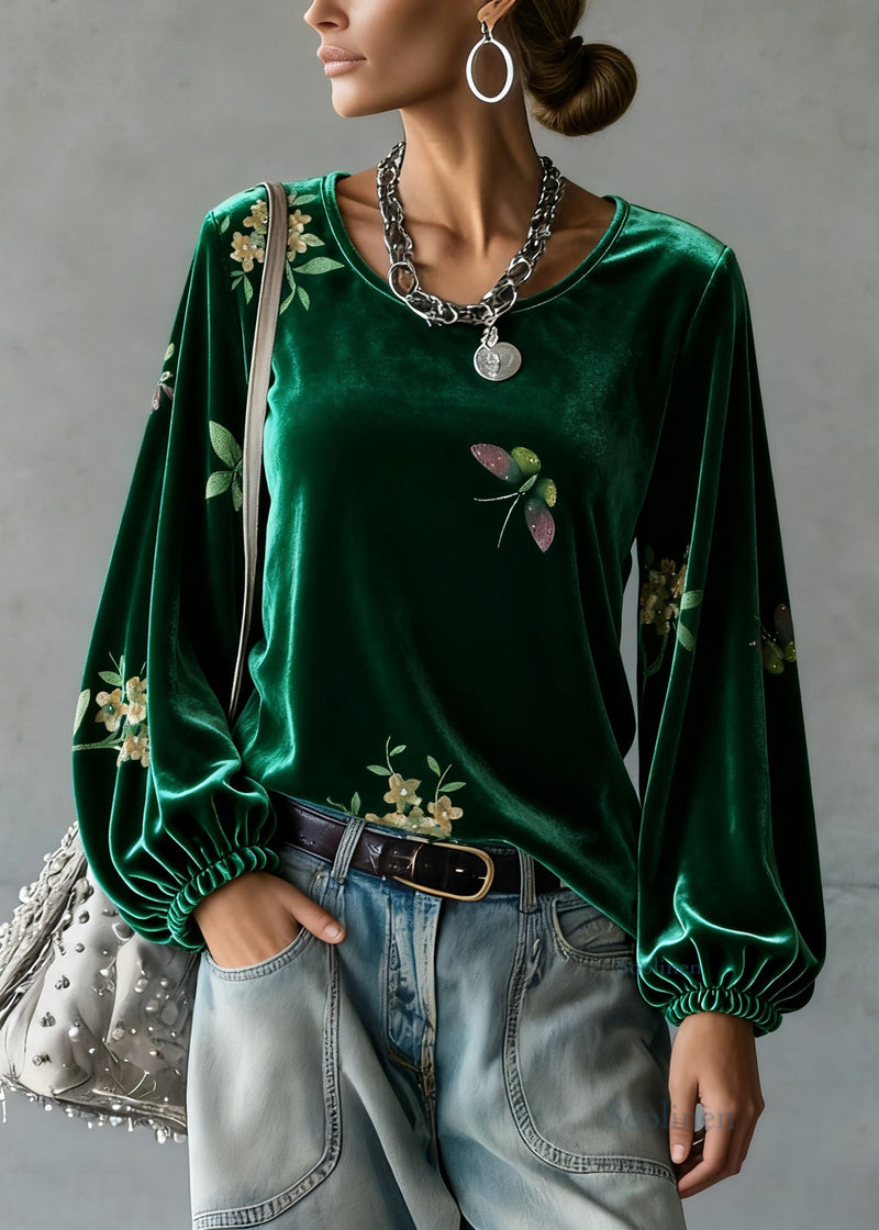 Green O-neck Print Silk Velour Tops Spring