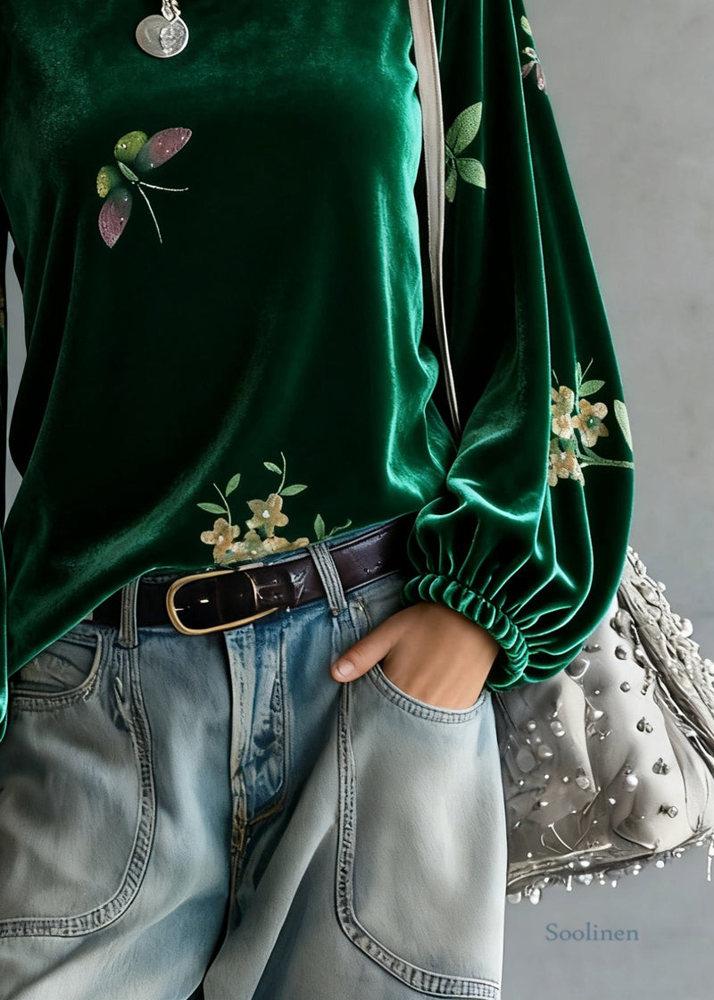 Green O-neck Print Silk Velour Tops Spring