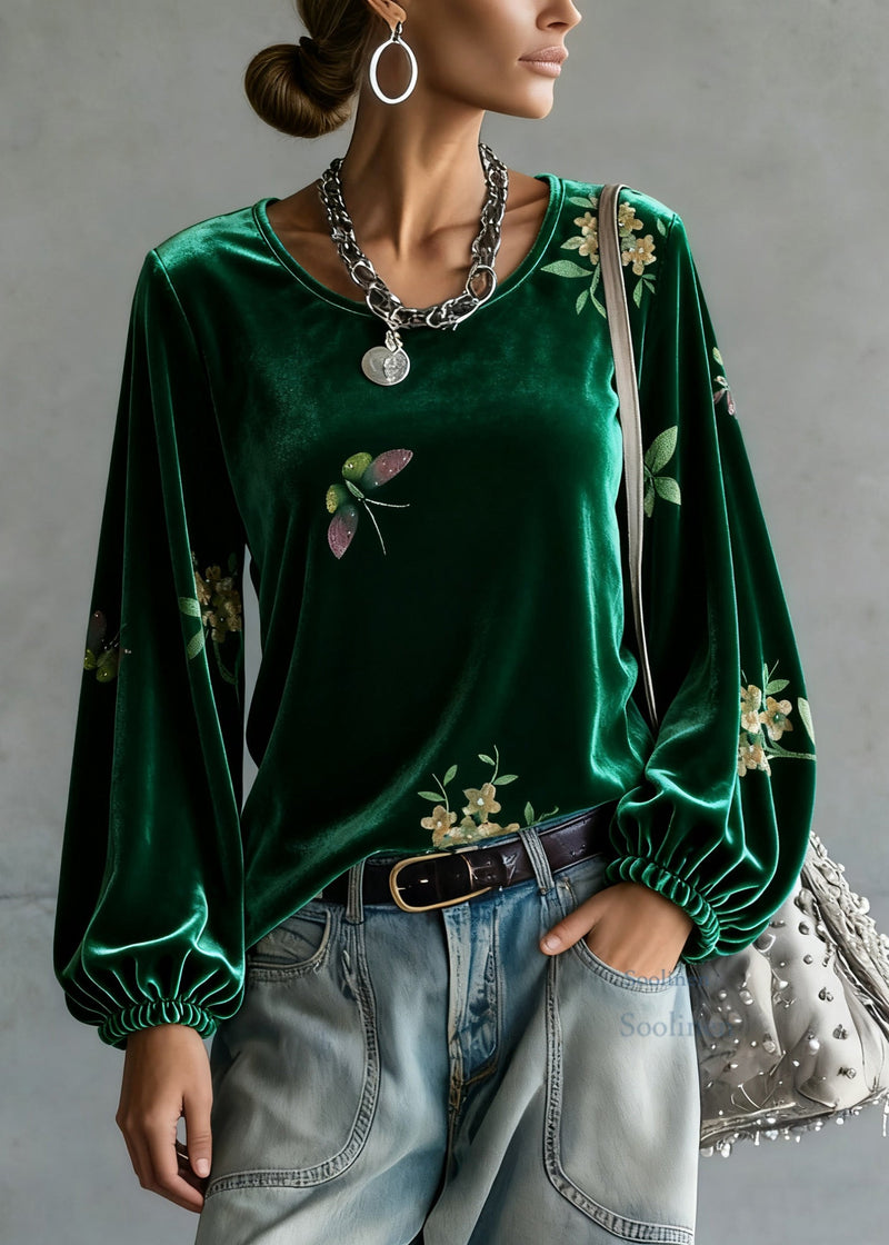 Green O-neck Print Silk Velour Tops Spring