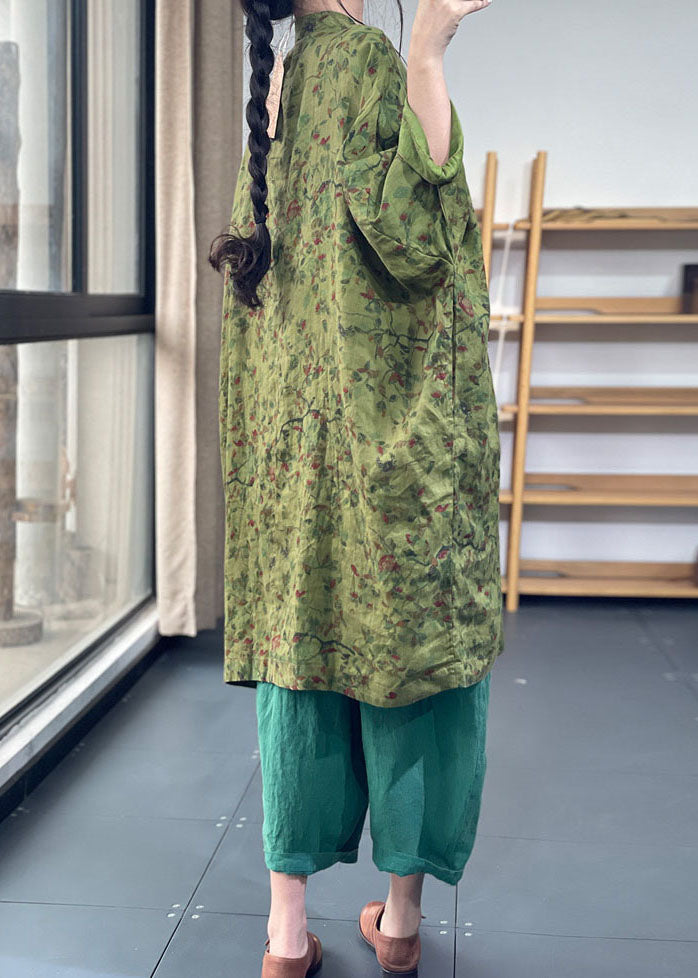 Green Oversized Print Cotton Dresses Batwing Sleeve