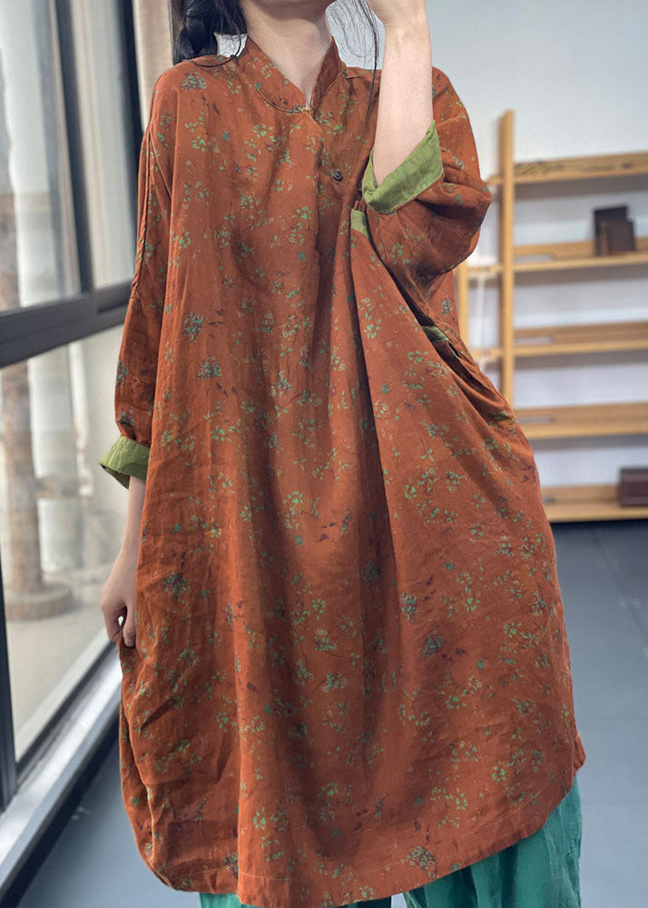 Green Oversized Print Cotton Dresses Batwing Sleeve