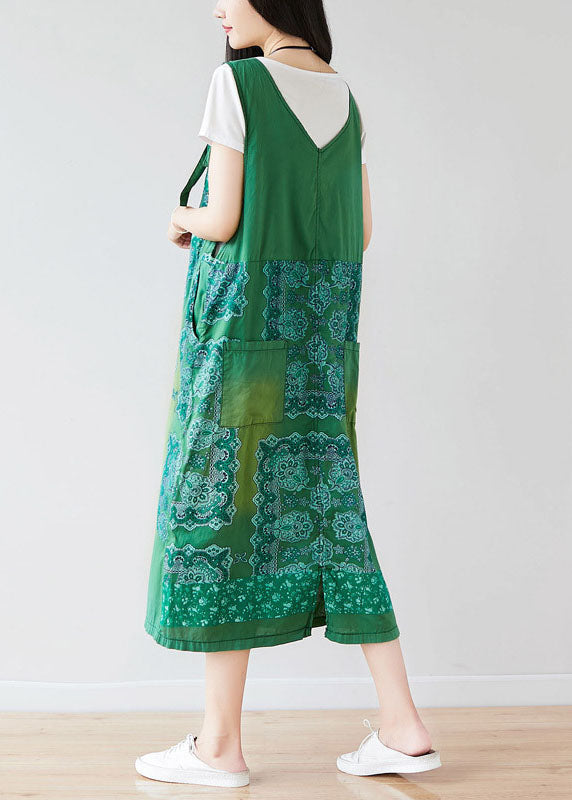 Green Oversized Print Cotton Strap Dress Spring