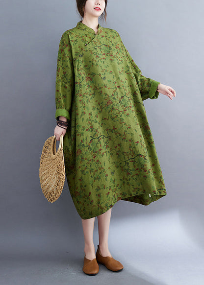 Green Oversized Print Linen Long Dress Batwing Sleeve
