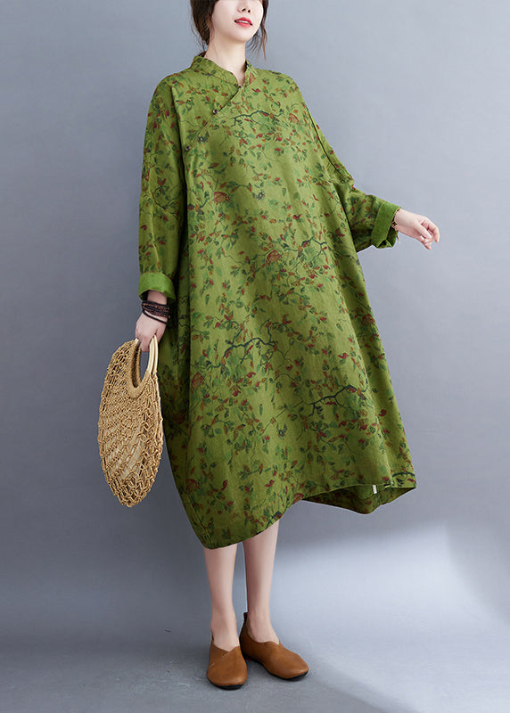 Green Oversized Print Linen Long Dress Batwing Sleeve