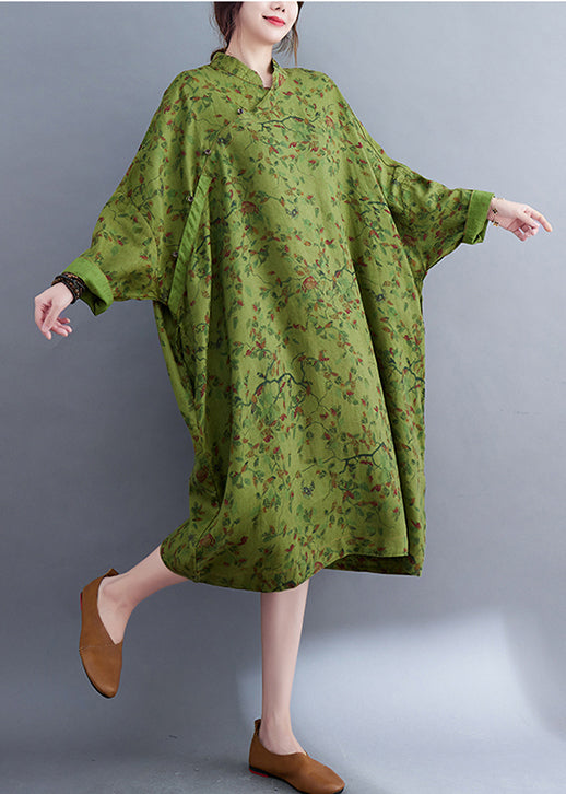 Green Oversized Print Linen Long Dress Batwing Sleeve