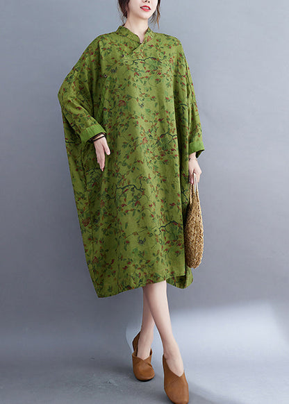 Green Oversized Print Linen Long Dress Batwing Sleeve