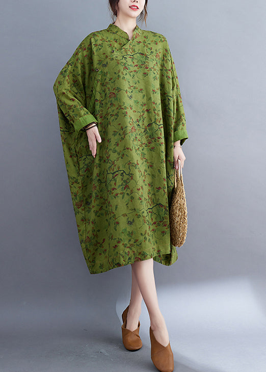 Green Oversized Print Linen Long Dress Batwing Sleeve