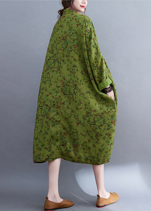Green Oversized Print Linen Long Dress Batwing Sleeve