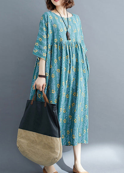 Green Patchwork Wrinkled Cotton Vacation Long Dresses Summer