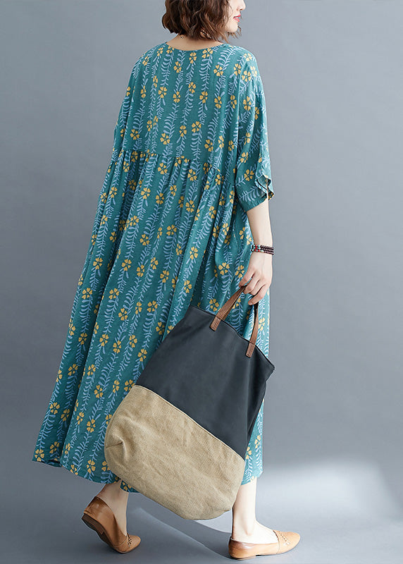 Green Patchwork Wrinkled Cotton Vacation Long Dresses Summer
