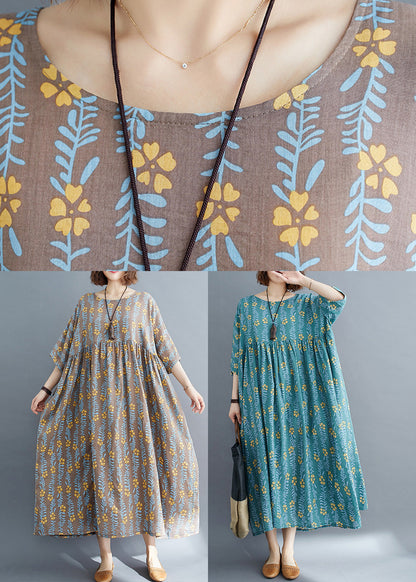 Green Patchwork Wrinkled Cotton Vacation Long Dresses Summer