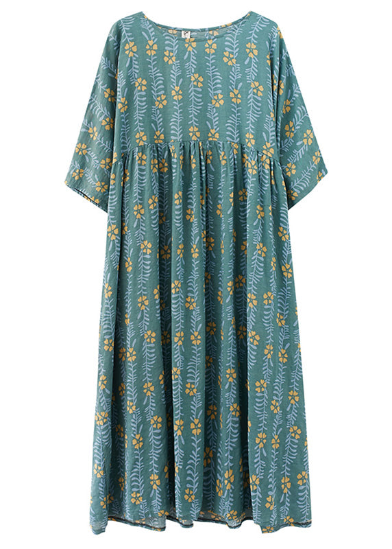 Green Patchwork Wrinkled Cotton Vacation Long Dresses Summer