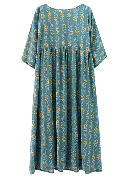 Green Patchwork Wrinkled Cotton Vacation Long Dresses Summer