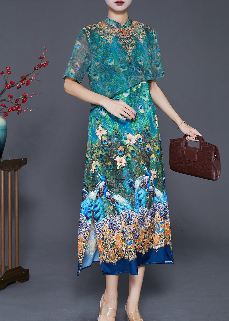 Green Peacock Print Side Open Silk Dress Summer
