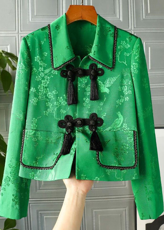 Green Peter Pan Collar Chinese Button Print Patchwork Silk Coats Spring