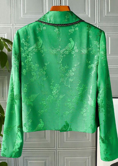 Green Peter Pan Collar Chinese Button Print Patchwork Silk Coats Spring