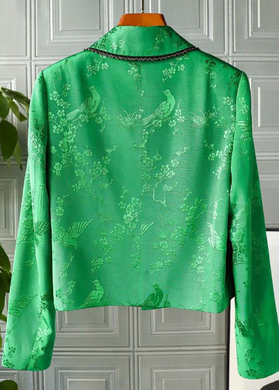 Green Peter Pan Collar Chinese Button Print Patchwork Silk Coats Spring