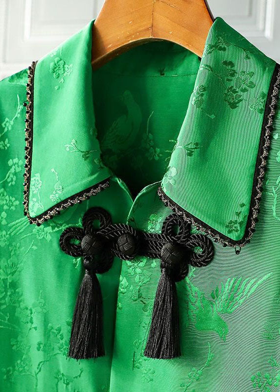 Green Peter Pan Collar Chinese Button Print Patchwork Silk Coats Spring