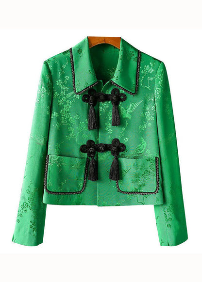 Green Peter Pan Collar Chinese Button Print Patchwork Silk Coats Spring
