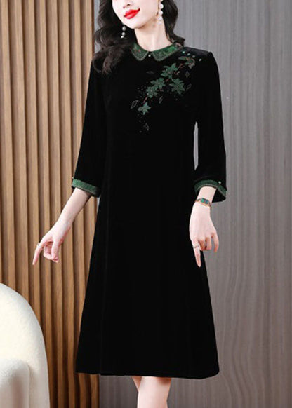 Green Peter Pan Collar Embroidered Silk Velour Long Dress Long Sleeve
