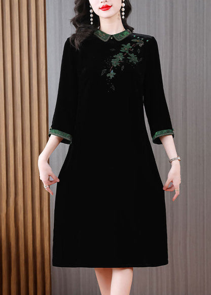 Green Peter Pan Collar Embroidered Silk Velour Long Dress Long Sleeve