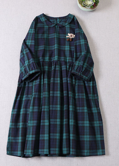 Green Peter Pan Collar Plaid Cotton Dress Spring