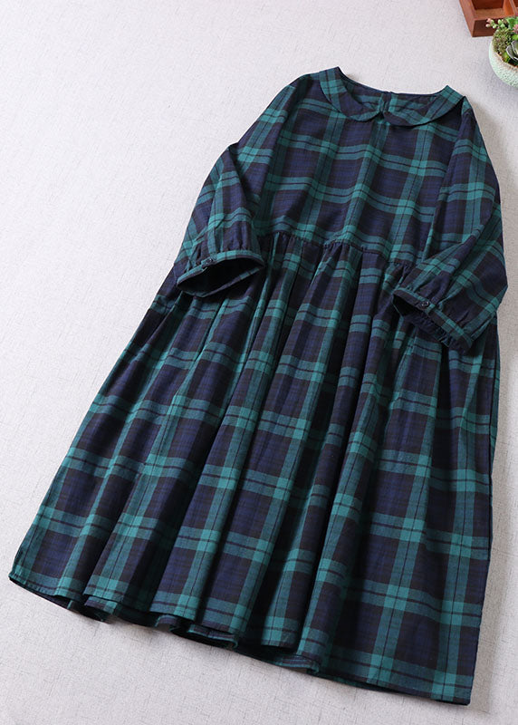 Green Peter Pan Collar Plaid Cotton Dress Spring