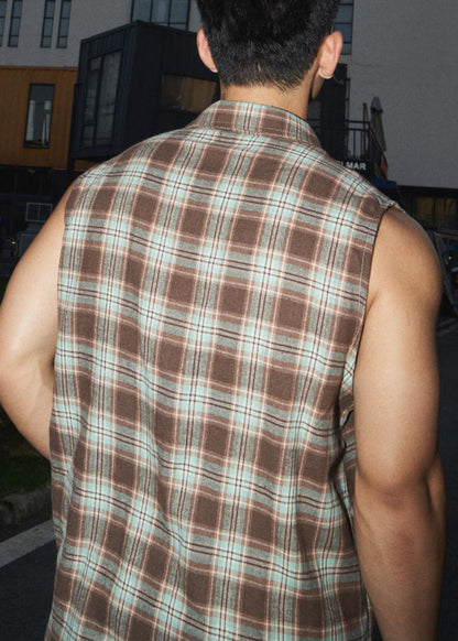 Green Peter Pan Collar Plaid Cotton Tank Sleeveless