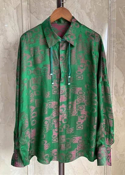 Vintage Green Peter Pan Collar Print Patchwork Silk Shirt Fall