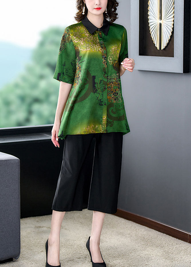 Green Peter Pan Collar Print Tops and Pants Silk Two Pieces Set Summer