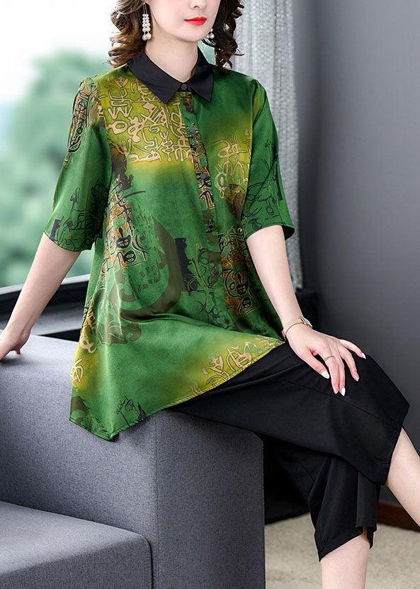 Green Peter Pan Collar Print Tops and Pants Silk Two Pieces Set Summer