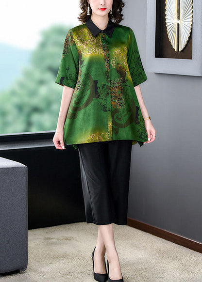 Green Peter Pan Collar Print Tops and Pants Silk Two Pieces Set Summer
