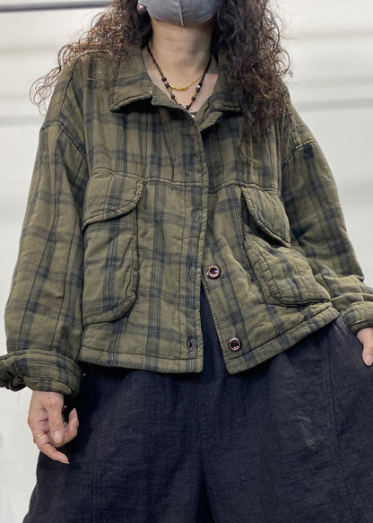 Green Plaid Button Patchwork Cotton Filled Coat Long Sleeve