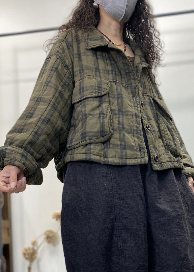 Green Plaid Button Patchwork Cotton Filled Coat Long Sleeve