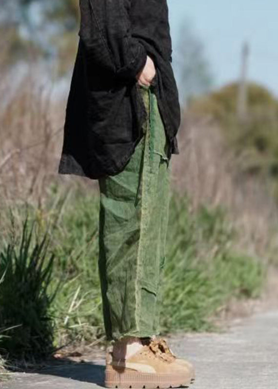 Green Pockets Elastic Waist Linen Crop Pants Summer