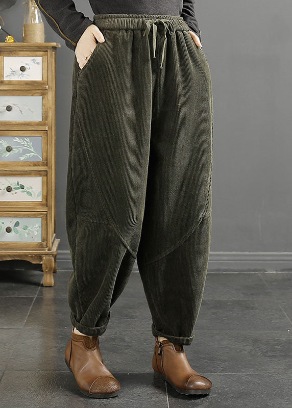 Green Pockets Patchwork Warm Fleece Corduroy Crop Pants Winter