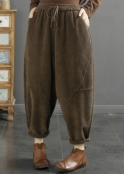 Green Pockets Patchwork Warm Fleece Corduroy Crop Pants Winter