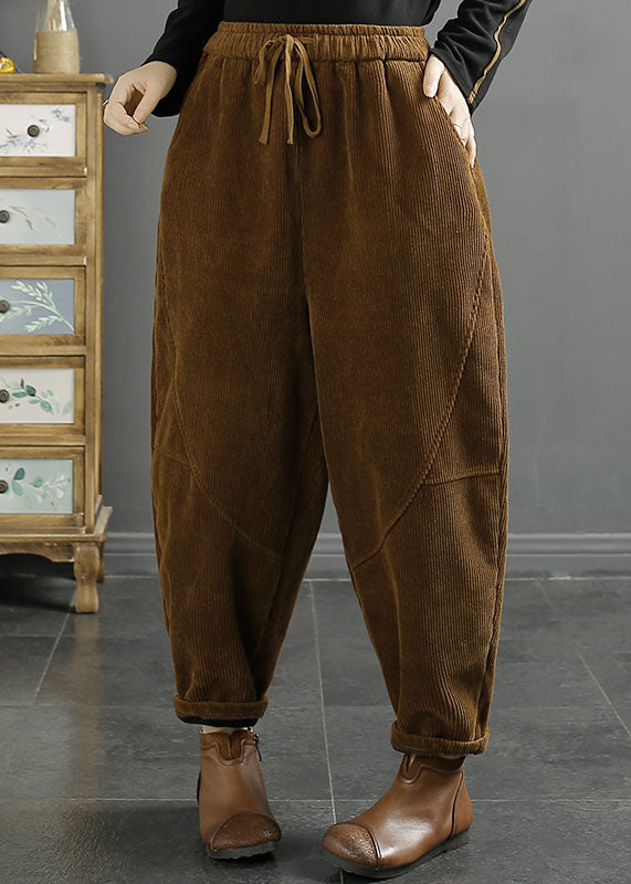 Green Pockets Patchwork Warm Fleece Corduroy Crop Pants Winter
