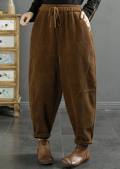 Green Pockets Patchwork Warm Fleece Corduroy Crop Pants Winter