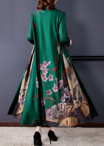 Green Print Chinese Button Silk Fake Two Piece Oriental Dresses Spring
