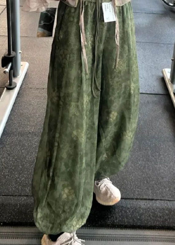 Green Print Elastic Waist Tulle Crop Pants