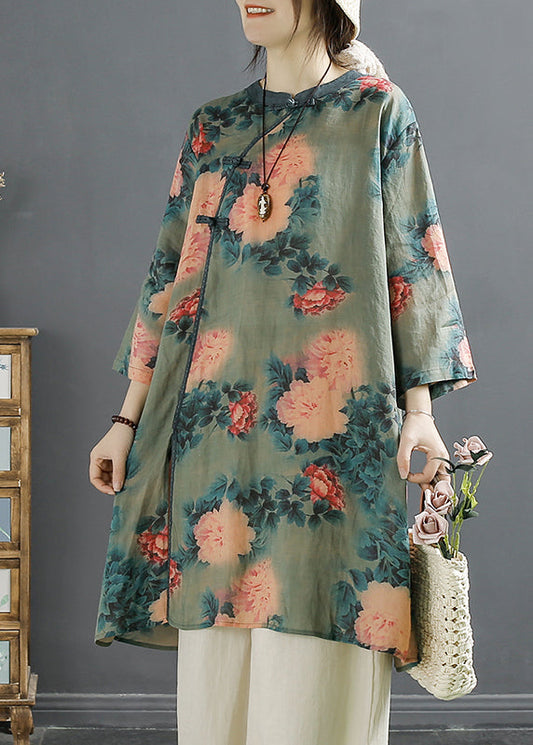 Green Print Oriental Linen Dress Bracelet Sleeve
