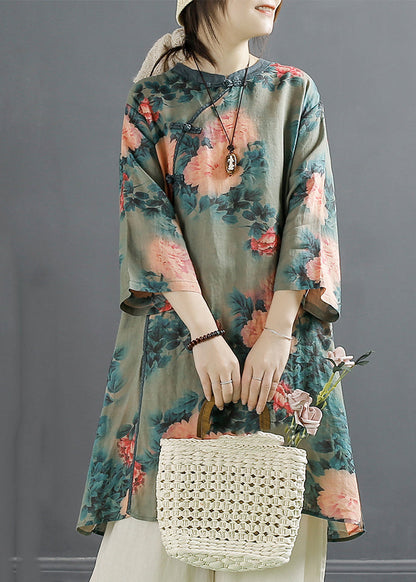 Green Print Oriental Linen Dress Bracelet Sleeve