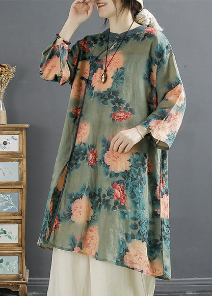 Green Print Oriental Linen Dress Bracelet Sleeve