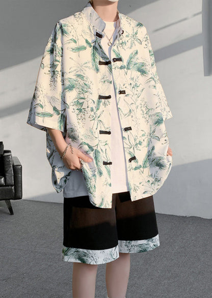 Green Print Patchwork Shirt and Shorts Two Pieces Set Summer