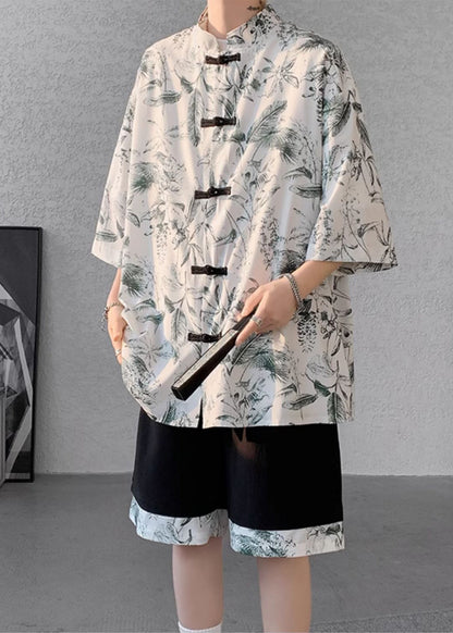 Green Print Patchwork Shirt and Shorts Two Pieces Set Summer