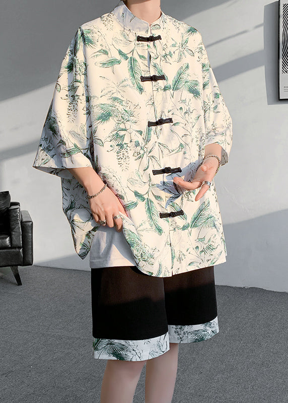 Green Print Patchwork Shirt and Shorts Two Pieces Set Summer