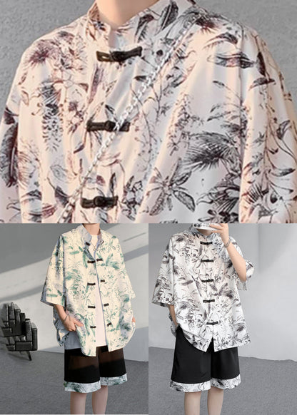 Green Print Patchwork Shirt and Shorts Two Pieces Set Summer