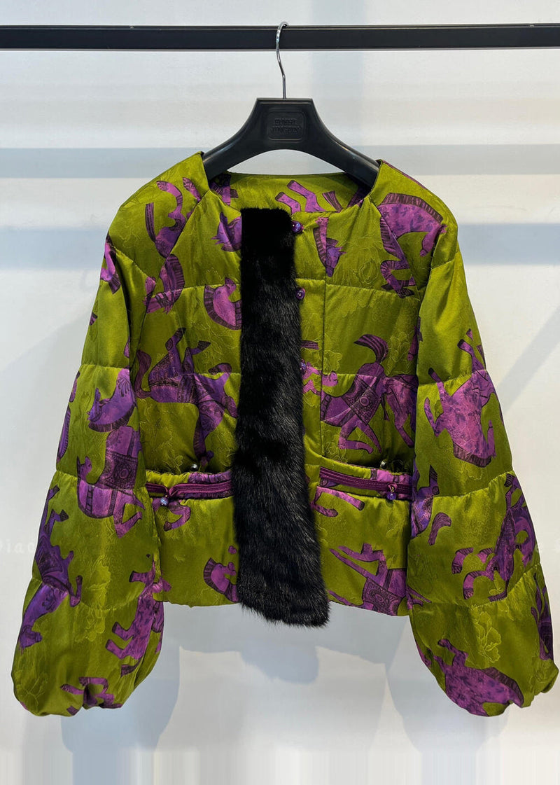 Green Print Patchwork Mink Velvet Duck Down Puffers Jackets Winter
